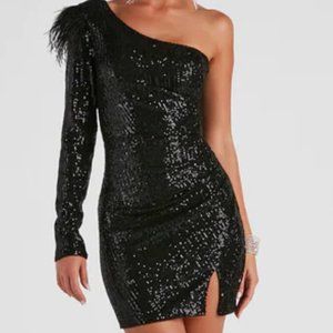 Black Sequin Feather Dress